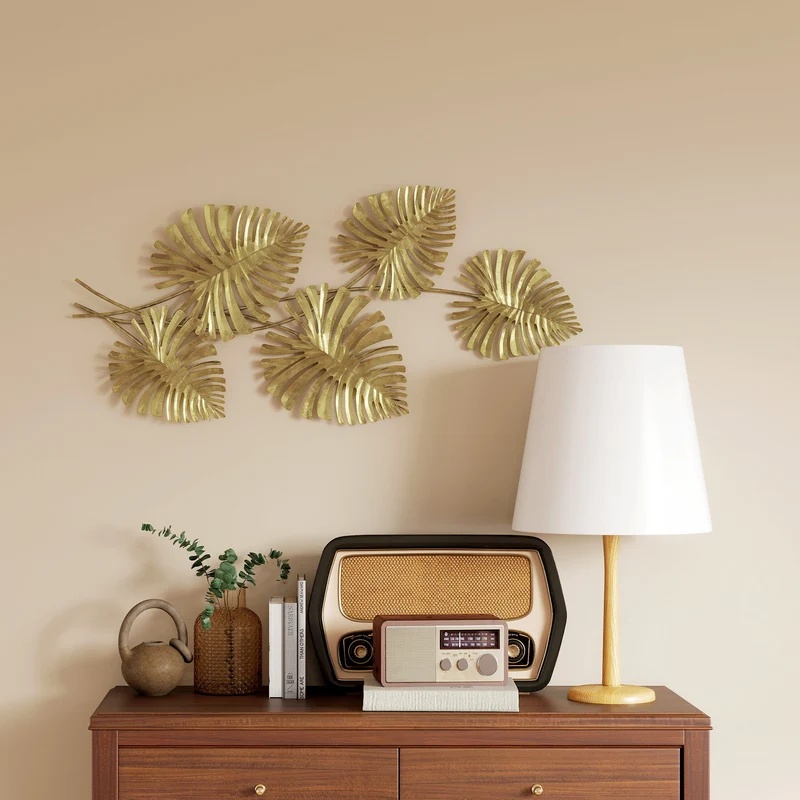 Decorazione Murale 3D 83x2,5x39 cm Wall Art Foglie di Monstera in Metallo Oro