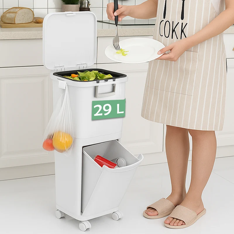 Pattumiera da Cucina per Raccolta Differenziata 2 Scomparti Capacità 29 L con Pedale e Ruote 26x36x76,6 cm in PP Bianco