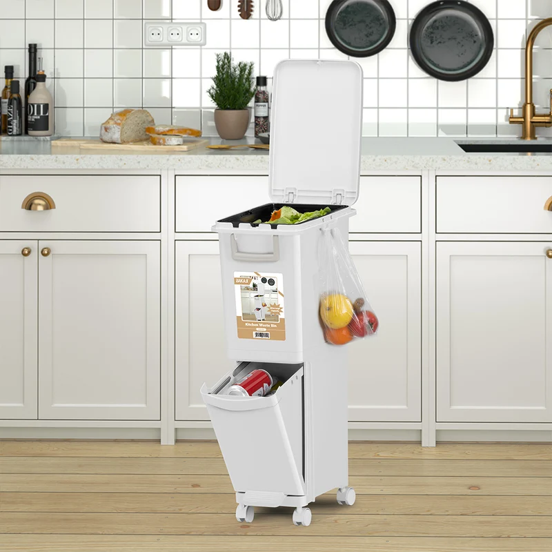Pattumiera da Cucina per Raccolta Differenziata 2 Scomparti Capacità 29 L con Pedale e Ruote 26x36x76,6 cm in PP Bianco