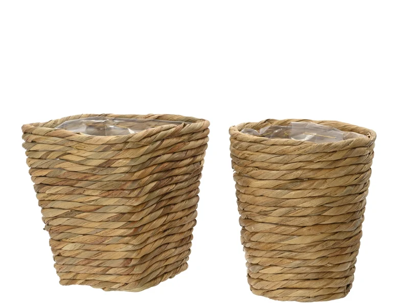 Vaso da arredo etnico in giacinto d'acqua colore naturale - altezza 16 cm, diametro 15 cm, con pellicola interna - Kaemingk
