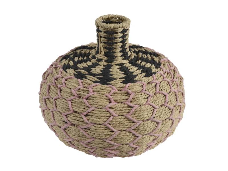 Vaso decorativo etnico in vimini e cotone multicolor forma ampolla - altezza 27 cm, diametro 32 cm - Kaemingk