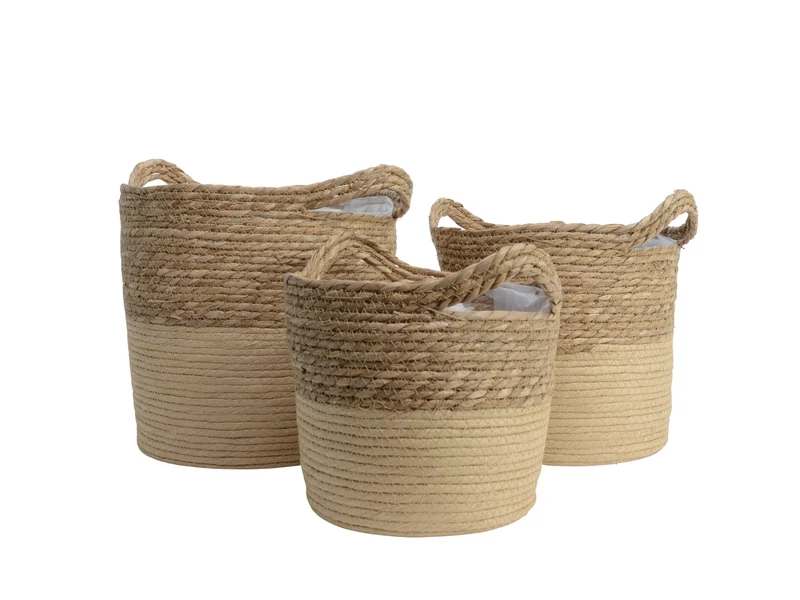 Set da 3 - Ceste in corda con maniglie, stile boho naturale ideali per portavasi, impermeabili con interno in pellicola plastica - misure 24x21,5cm / 28x26,5cm / 33x31cm - Kaemingk