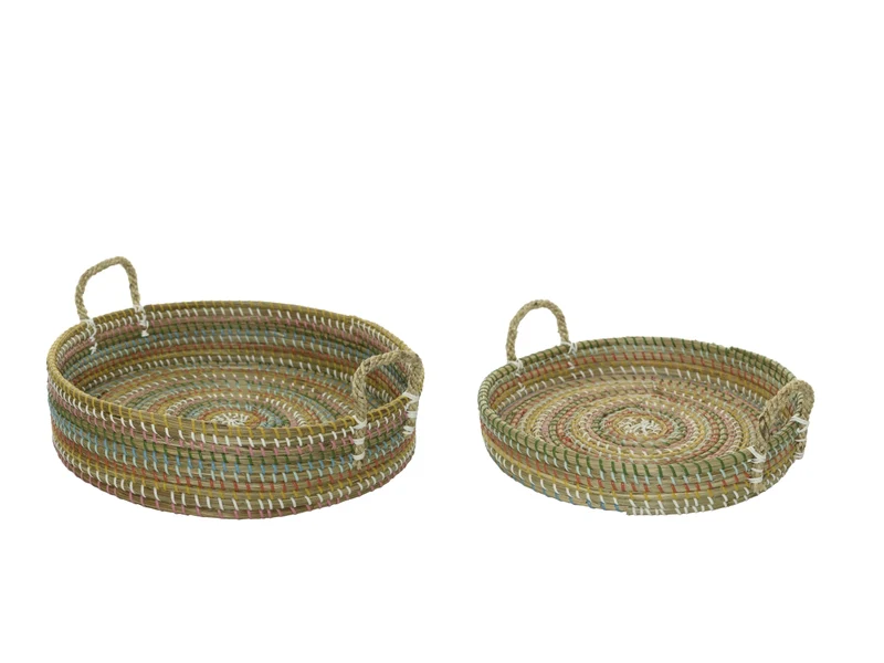 Set da 2 - Cesto vassoio decorativo rotondo in erba marina, stile etnico con fasce multicolori - d.45xh.11cm e d.40xh.7cm - Kaemingk