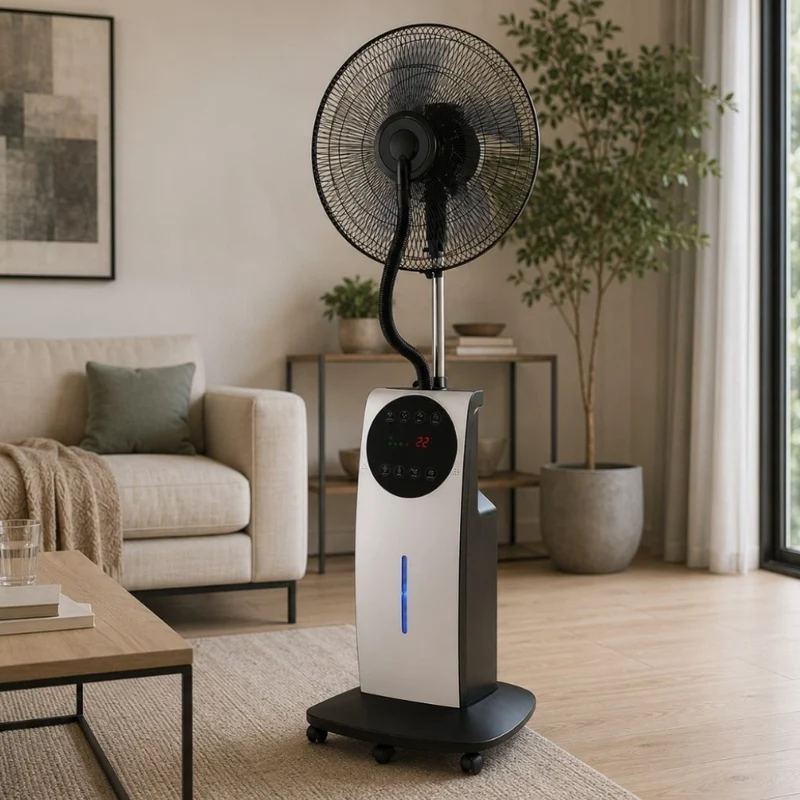 Ventilatore multifunzione a 3 pale con ruote e nebulizzatore 90W display led Nebuly