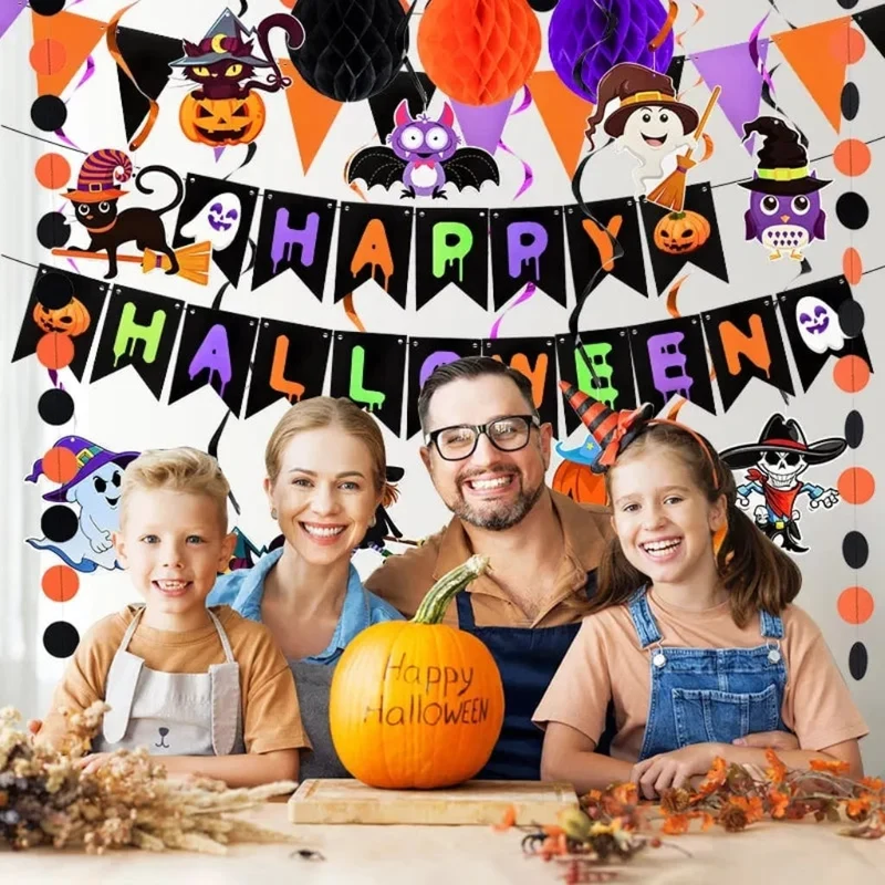 Halloween Hanging Decorations Set with Banner and Spirals for the Home