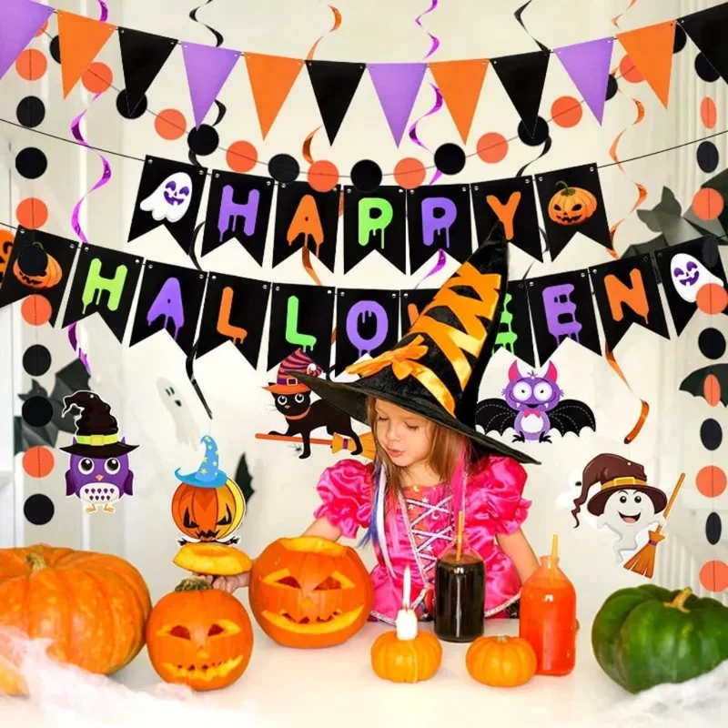Halloween Hanging Decorations Set with Banner and Spirals for the Home