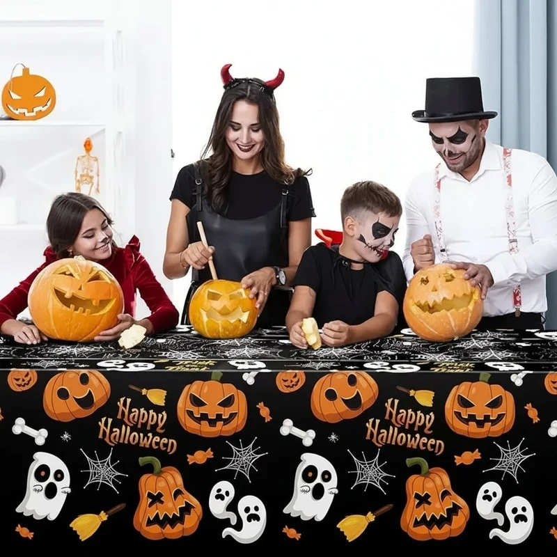 Halloween Tablecloth with Pumpkin, Ghost, and Spiderweb Design for Party Decorations