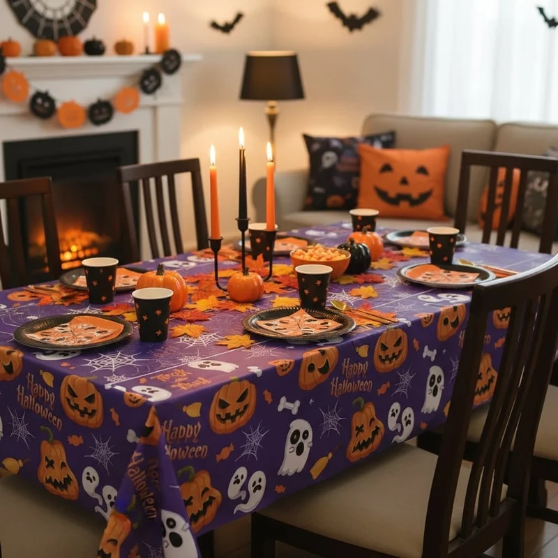 Halloween Tablecloth with Pumpkin, Ghost, and Spiderweb Design for Party Decorations