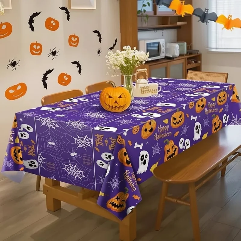 Halloween Tablecloth with Pumpkin, Ghost, and Spiderweb Design for Party Decorations