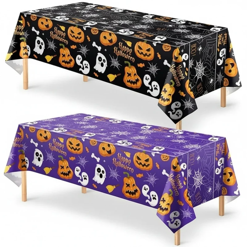 Halloween Tablecloth with Pumpkin, Ghost, and Spiderweb Design for Party Decorations