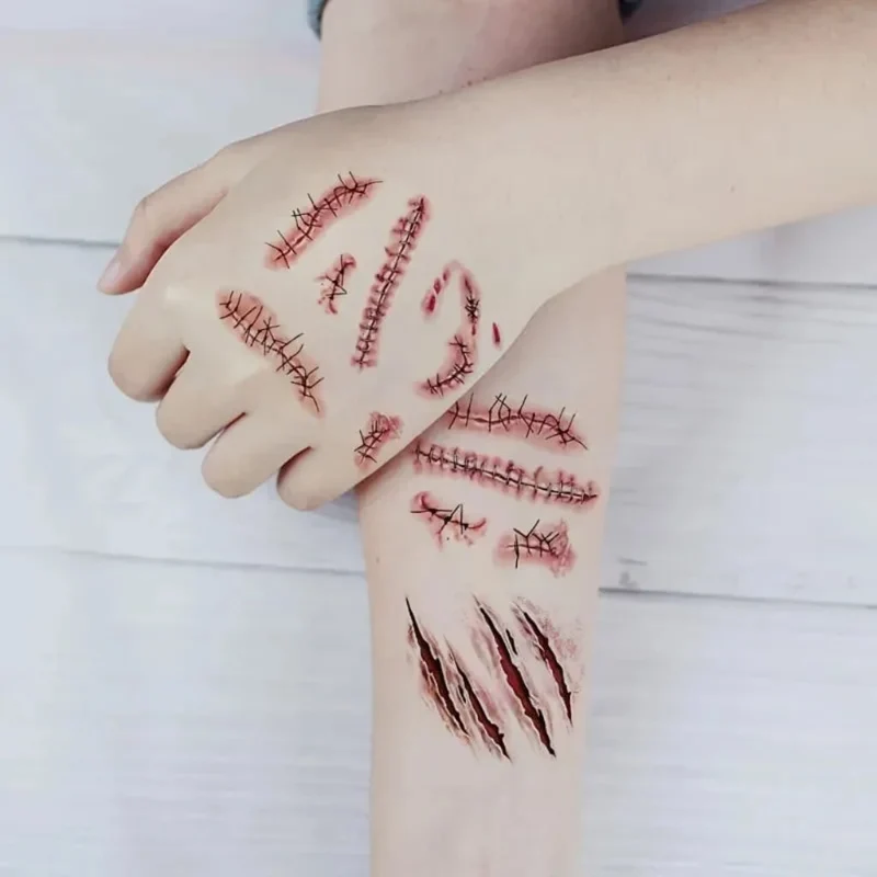 Halloween Temporary Party Tattoos with Wound, Stitch, and Bite Mark Designs