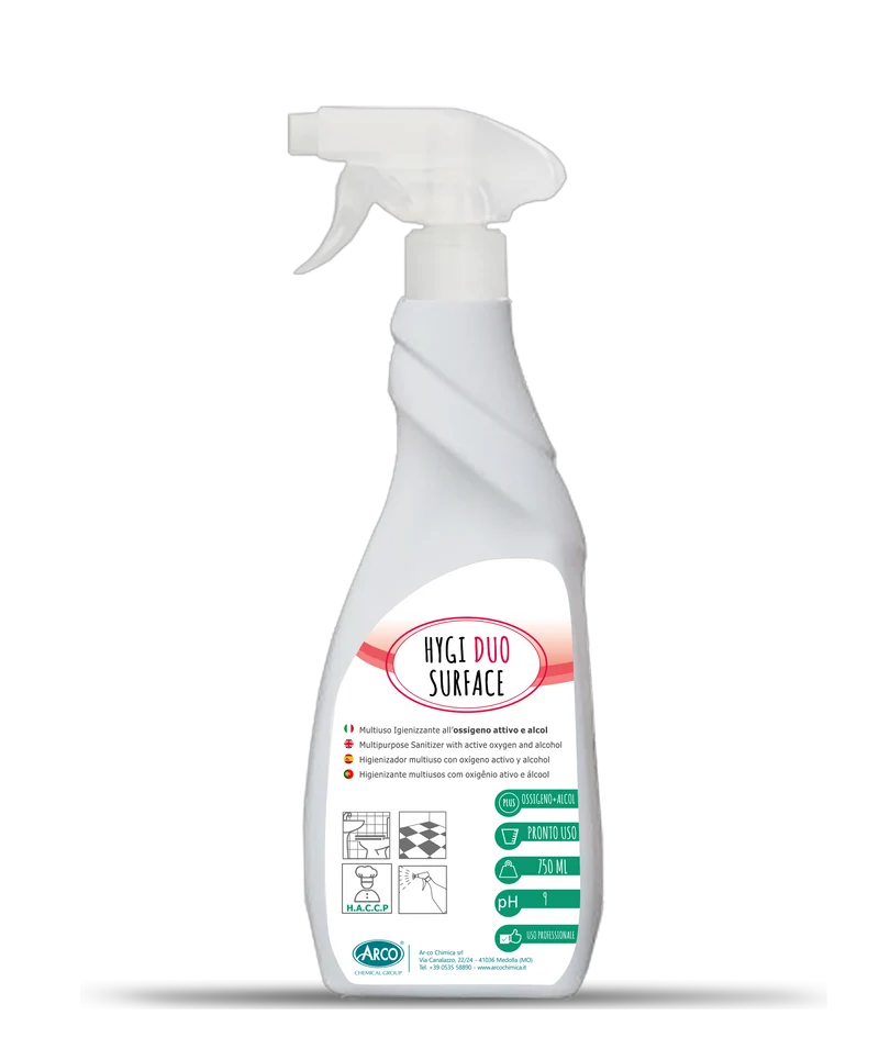 Detergente igienizzante a base di ossigeno attivo e alcol pronto all'uso Arco Chimica Hygi Duo Surface 12x750 ml DISPONIBILE IN 10 GIORNI LAVORATIVI