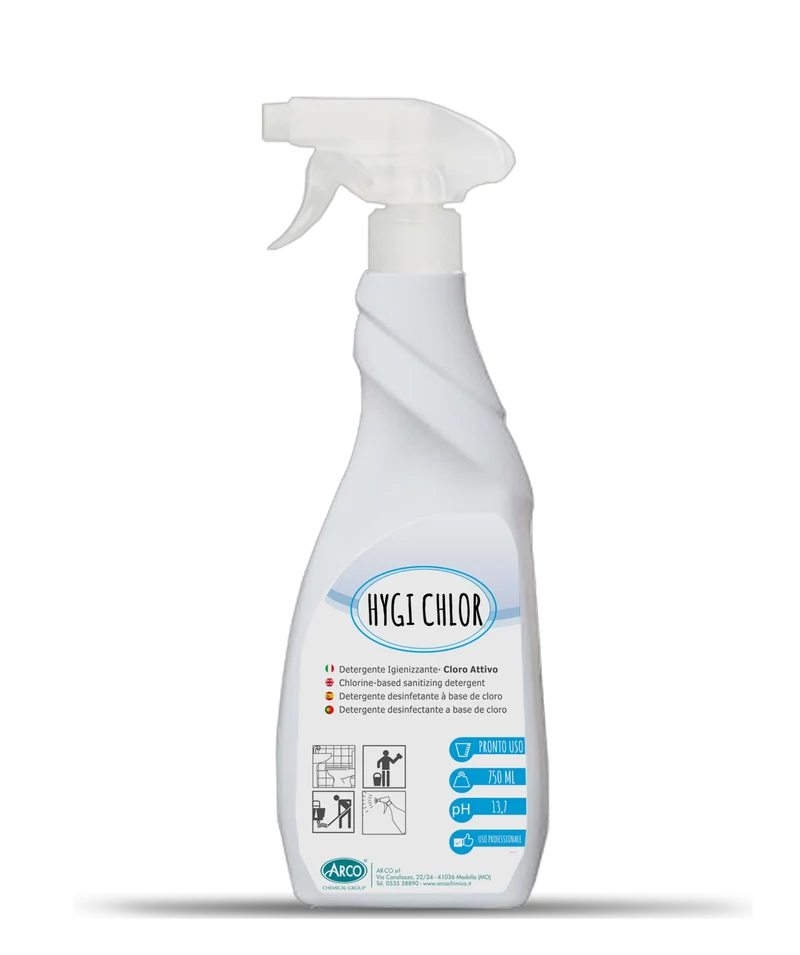 Detergente igienizzante a base di cloro pronto all'uso Arco Chimica Hygi Chlor 12x750 ml DISPONIBILE IN 10 GIORNI LAVORATIVI