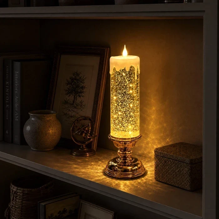 LED-glitterkaars – vlamloze kaars met dwarrelende glitter en warm licht