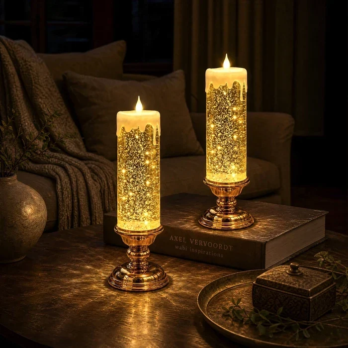 LED-glitterkaars – vlamloze kaars met dwarrelende glitter en warm licht