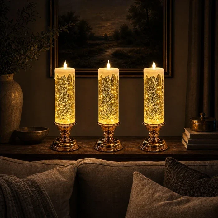 LED-glitterkaars – vlamloze kaars met dwarrelende glitter en warm licht