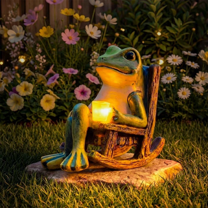 Tuinbeeld kikker met lichtgevende beker – decoratie die 's avonds zacht gloeit