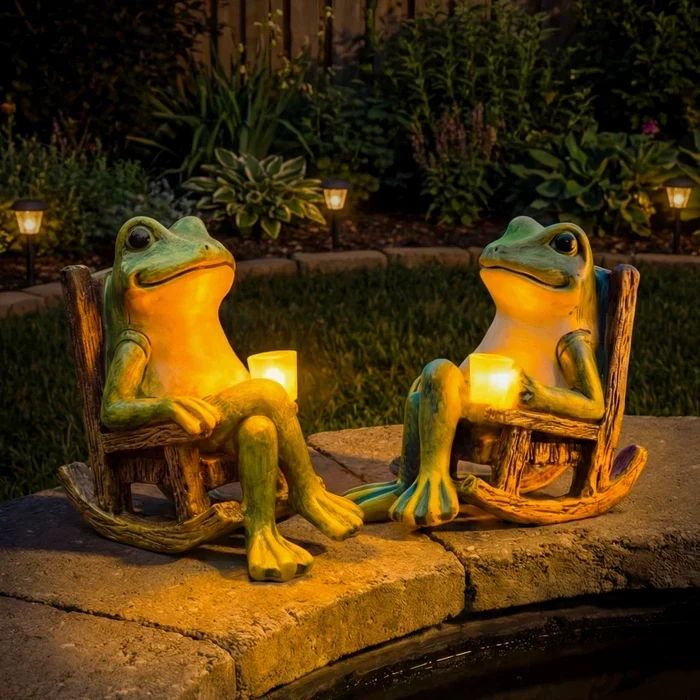 Tuinbeeld kikker met lichtgevende beker – decoratie die 's avonds zacht gloeit