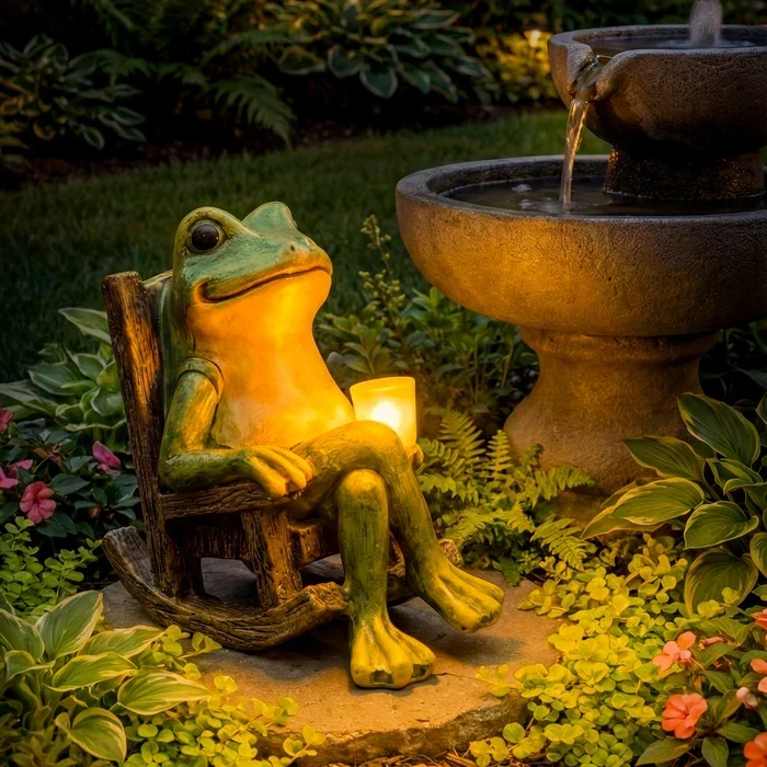 Tuinbeeld kikker met lichtgevende beker – decoratie die 's avonds zacht gloeit