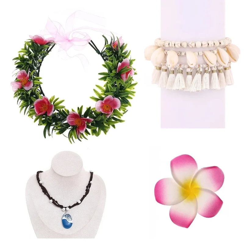Halloween Hawaiian Hair Wreath with Artificial Flowers and Hibiscus Hair Clip, Women's Costume
