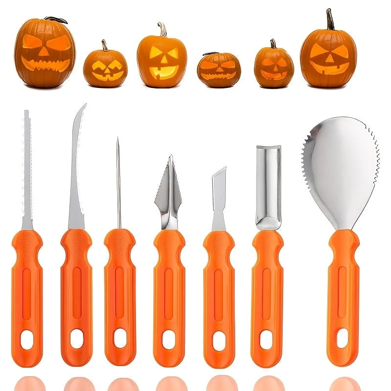 7-Piece Pumpkin Carving Set with Stainless Steel Tools for Halloween, Linden Wood