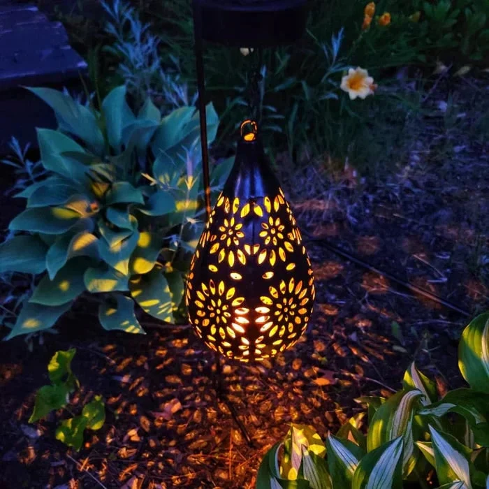 Outdoor LED Solar Garden Light in a Teardrop Shape with an Openwork Floral Pattern