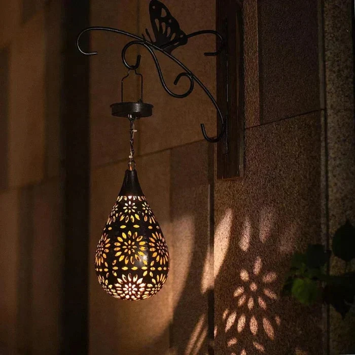 Outdoor LED Solar Garden Light in a Teardrop Shape with an Openwork Floral Pattern