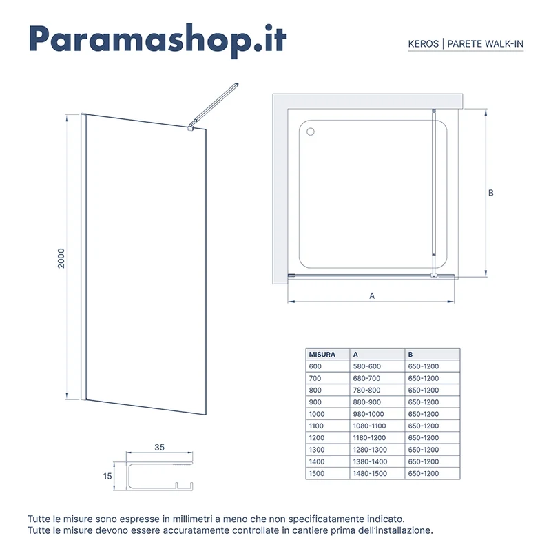 Doccia walk-in 130 cm vetro 8mm anticalcare opaco h200 profili cromo | Keros