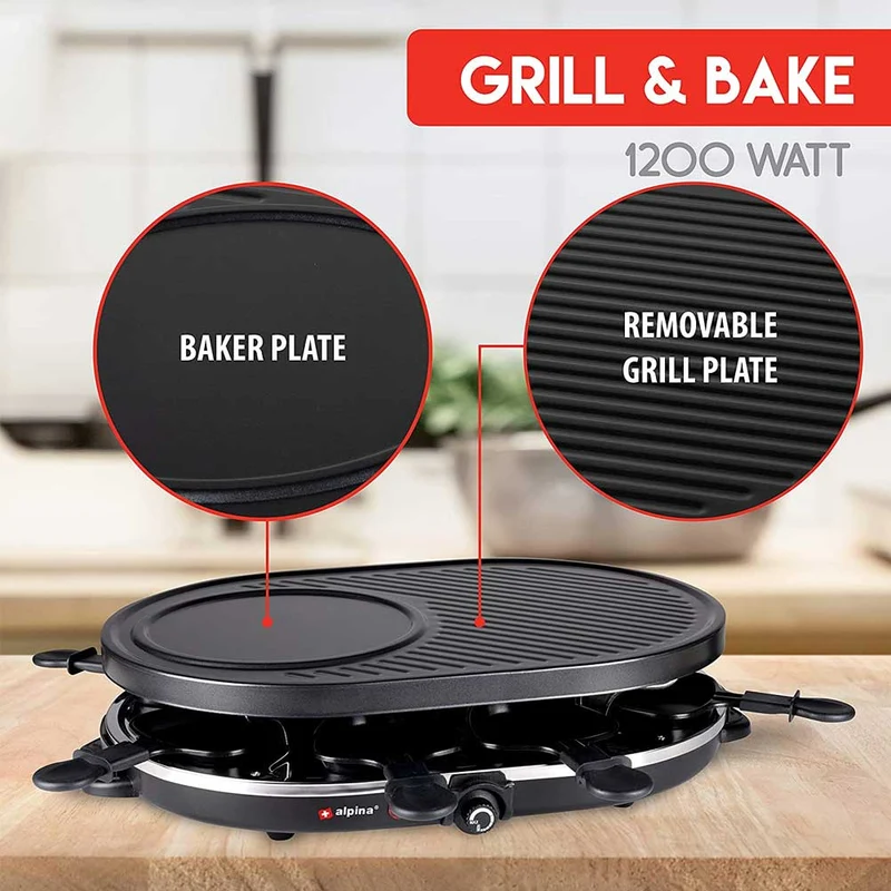 Raclette Barbecue Grill 1200W Piastra Elettrica Ghisa Antiaderente Da Tavolo