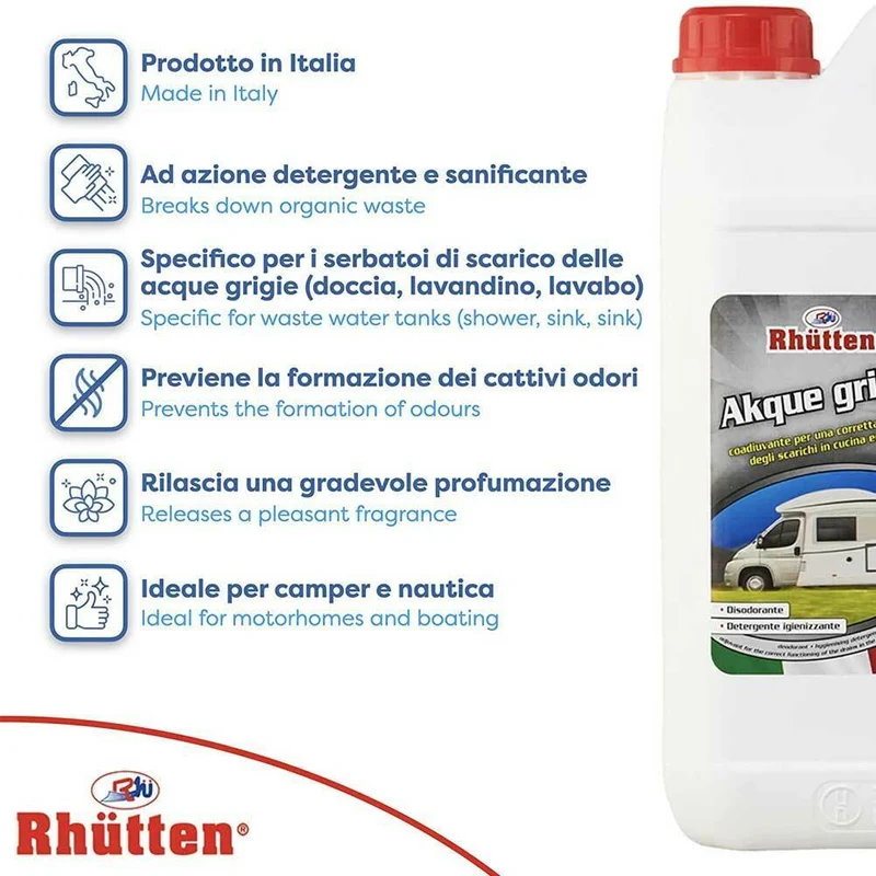 Rhutten Acque Grigie Detergente Sanificante Serbatoio WC Docce Camper Barche 5LT