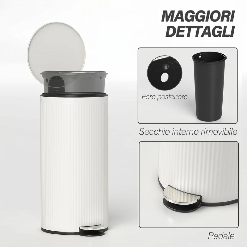 Cestino Spazzatura da 30L con Coperchio a Chiusura Morbida in Metallo e PP Crema