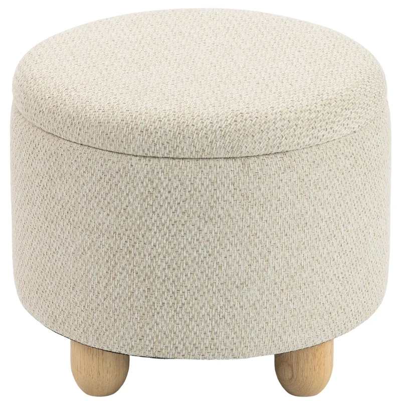 Pouf Contenitore Rotondo 38,5x38,5x33,5 cm Capacità 19L con Coperchio Fino a 120kg in Tessuto Effetto Iuta Beige