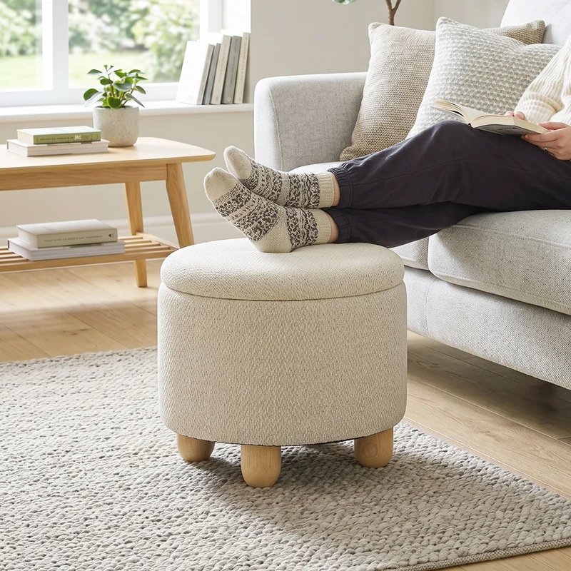 Pouf Contenitore Rotondo 38,5x38,5x33,5 cm Capacità 19L con Coperchio Fino a 120kg in Tessuto Effetto Iuta Beige