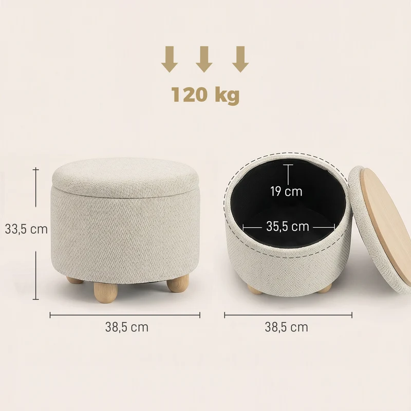 Pouf Contenitore Rotondo 38,5x38,5x33,5 cm Capacità 19L con Coperchio Fino a 120kg in Tessuto Effetto Iuta Beige