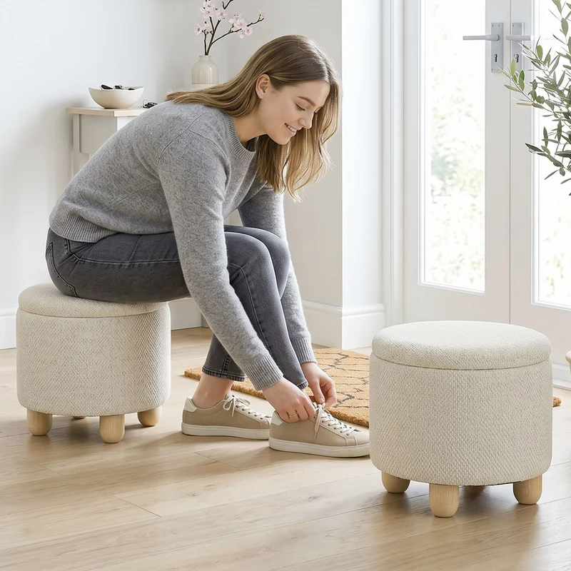 Pouf Contenitore Rotondo 38,5x38,5x33,5 cm Capacità 19L con Coperchio Fino a 120kg in Tessuto Effetto Iuta Beige