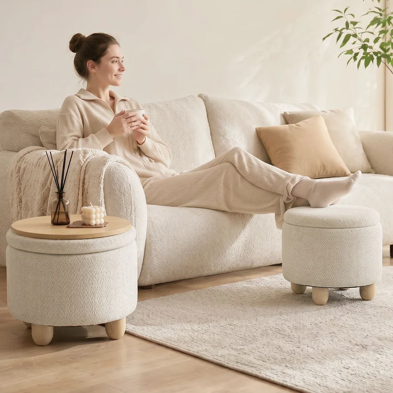 Pouf Contenitore Rotondo 38,5x38,5x33,5 cm Capacità 19L con Coperchio Fino a 120kg in Tessuto Effetto Iuta Beige
