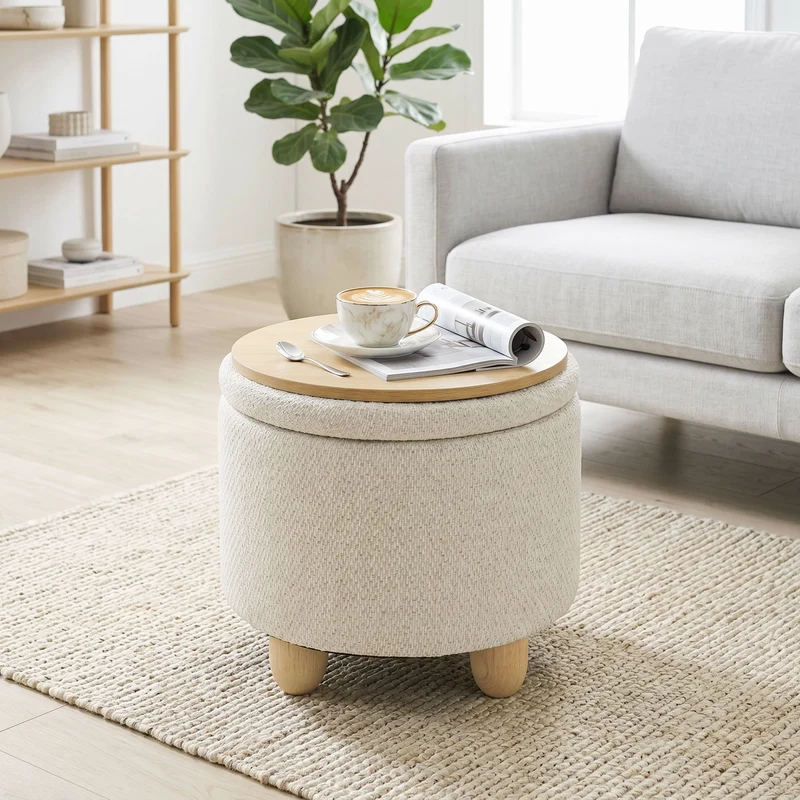 Pouf Contenitore Rotondo 38,5x38,5x33,5 cm Capacità 19L con Coperchio Fino a 120kg in Tessuto Effetto Iuta Beige