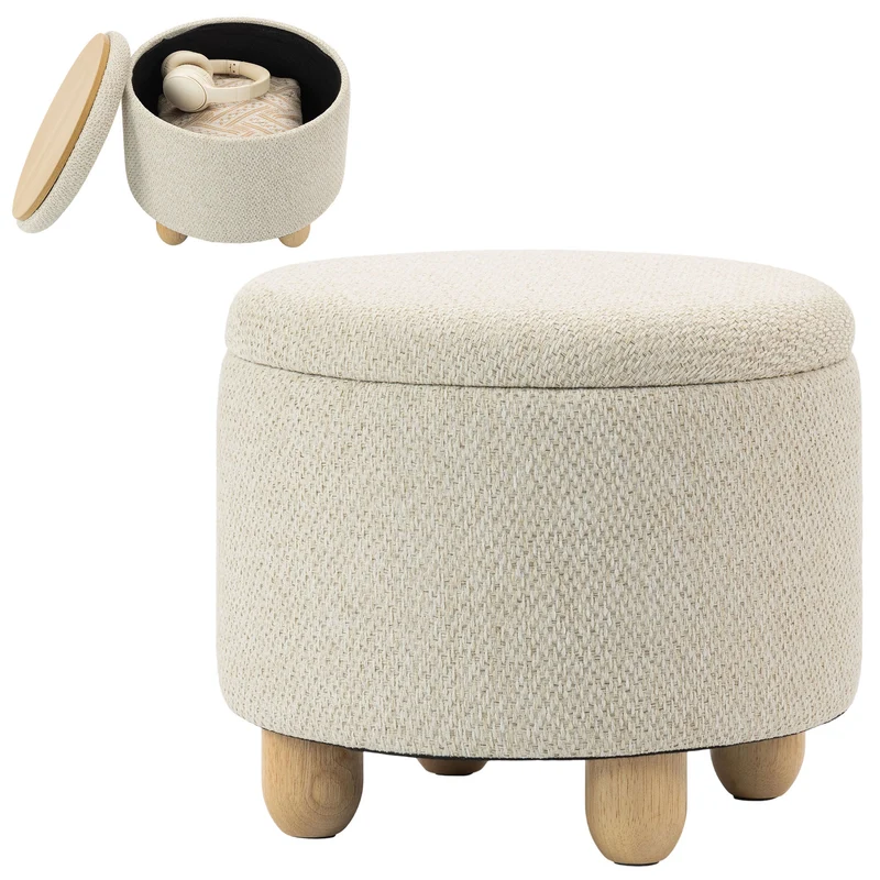 Pouf Contenitore Rotondo 38,5x38,5x33,5 cm Capacità 19L con Coperchio Fino a 120kg in Tessuto Effetto Iuta Beige