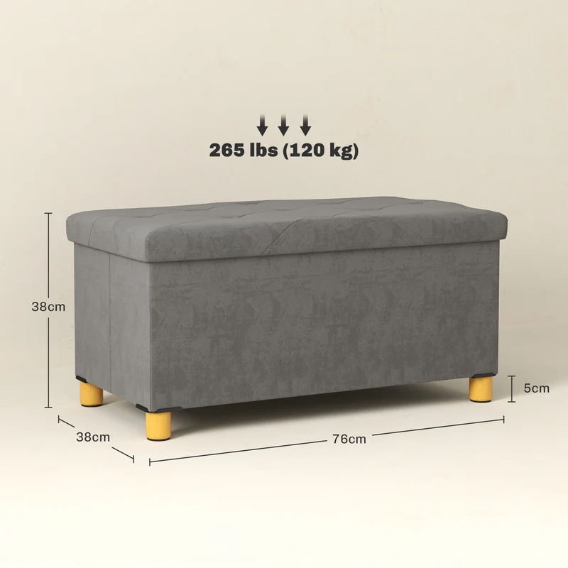 Panca Contenitore Pieghevole 76x38x38 cm Capienza da 67L Coperchio Imbottito e Rivestimento Vellutato Grigio