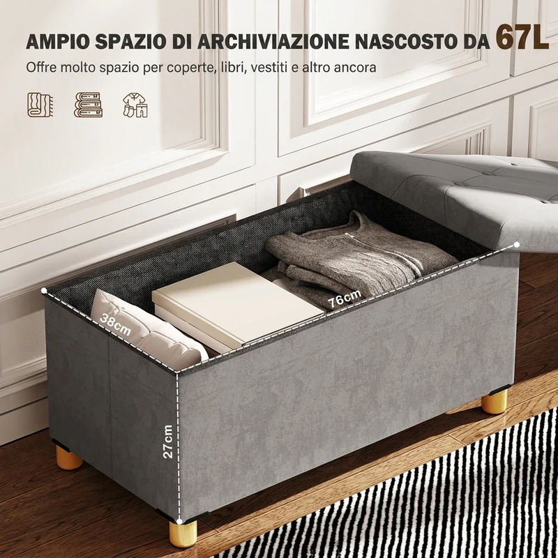 Panca Contenitore Pieghevole 76x38x38 cm Capienza da 67L Coperchio Imbottito e Rivestimento Vellutato Grigio