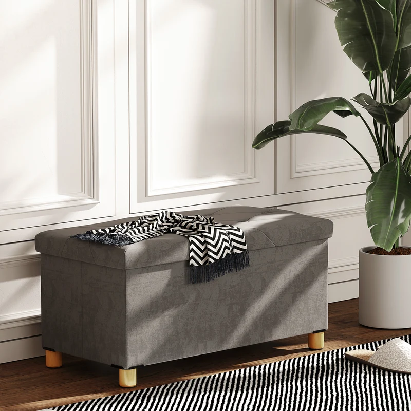 Panca Contenitore Pieghevole 76x38x38 cm Capienza da 67L Coperchio Imbottito e Rivestimento Vellutato Grigio