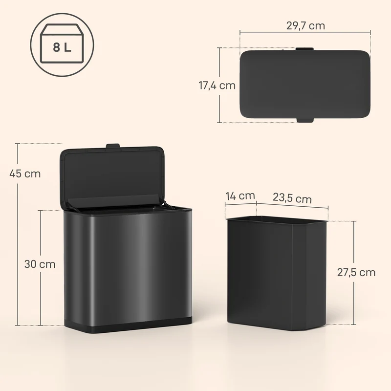 Pattumiera 29,7x17,4x30 cm Capienza da 8L con Coperchio e Secchio Interno Rimovibile in Acciaio Inox Nero