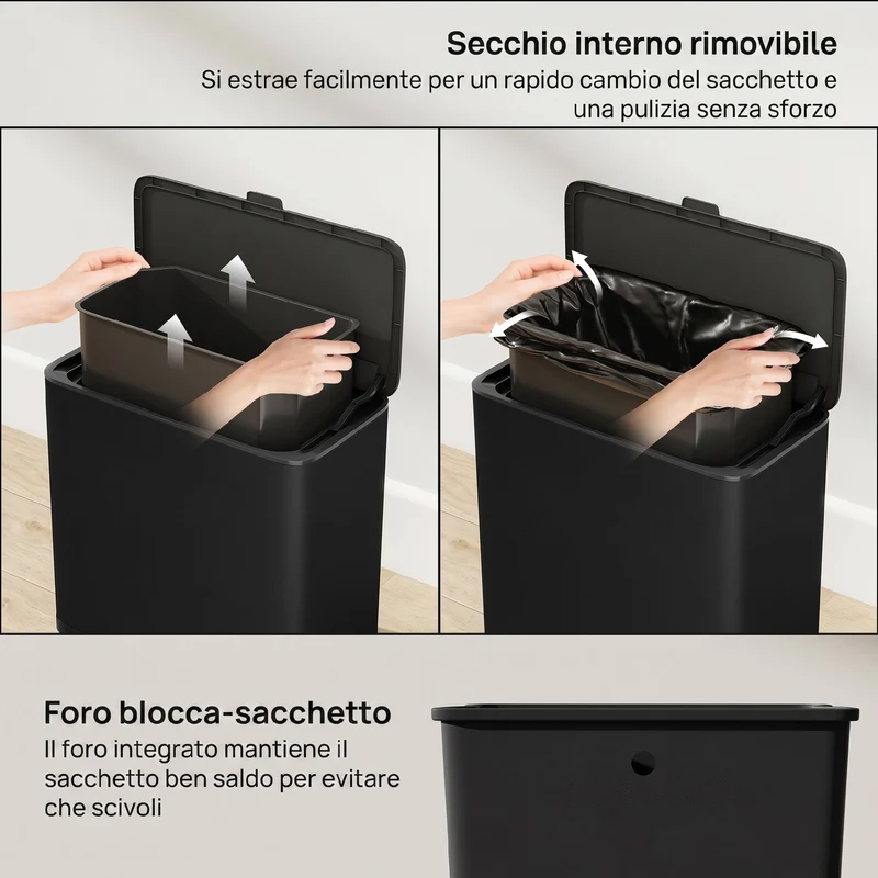 Pattumiera 29,7x17,4x30 cm Capienza da 8L con Coperchio e Secchio Interno Rimovibile in Acciaio Inox Nero
