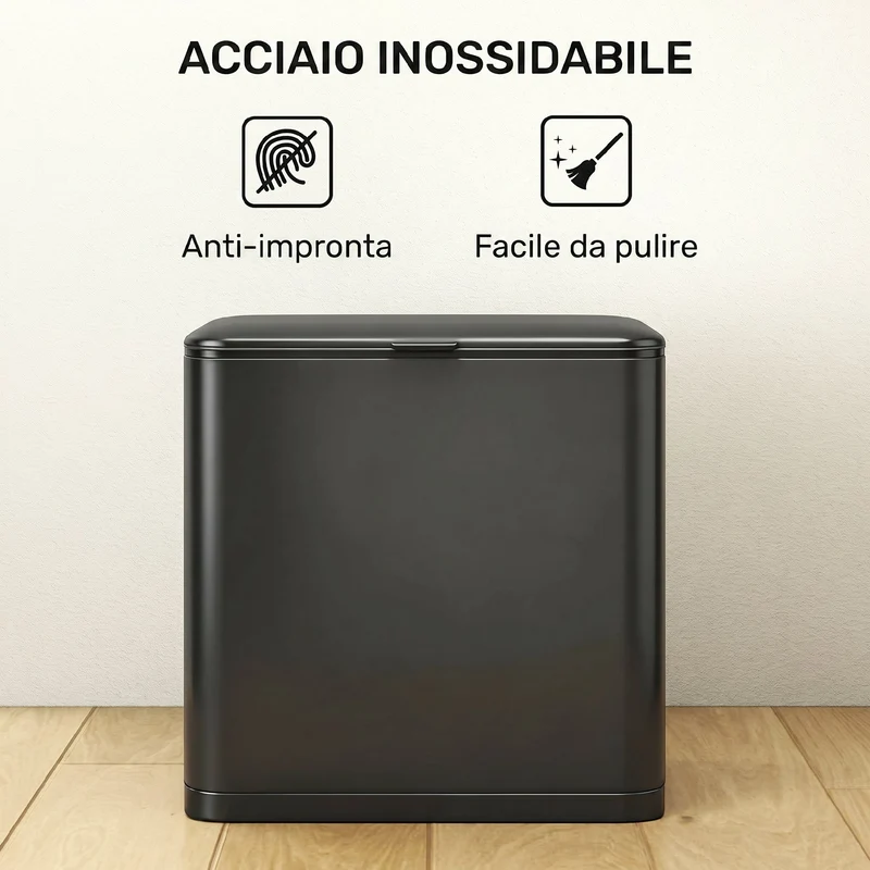 Pattumiera 29,7x17,4x30 cm Capienza da 8L con Coperchio e Secchio Interno Rimovibile in Acciaio Inox Nero