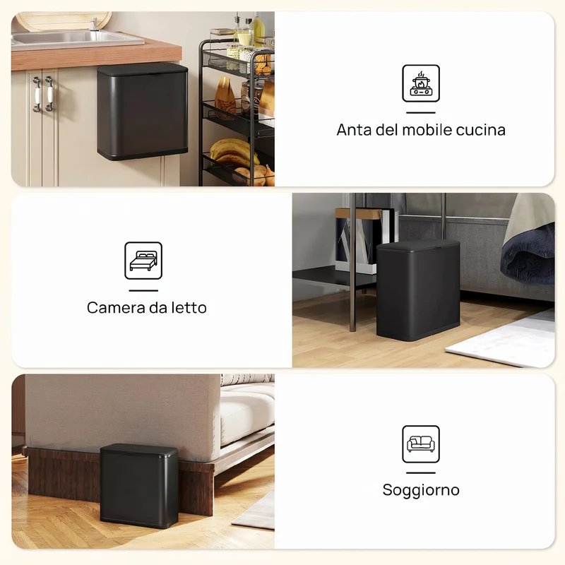 Pattumiera 29,7x17,4x30 cm Capienza da 8L con Coperchio e Secchio Interno Rimovibile in Acciaio Inox Nero