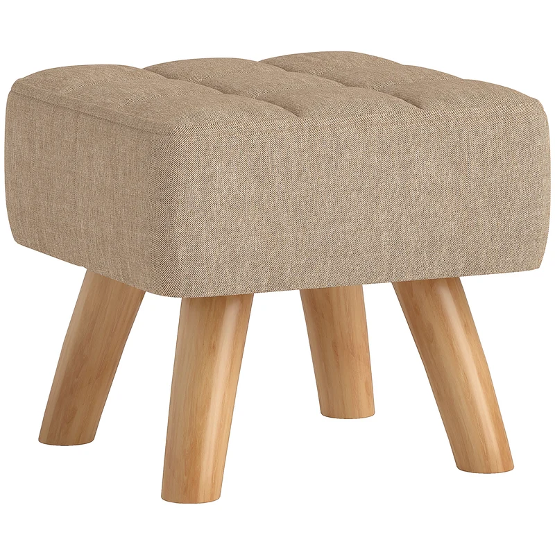 Pouf Poggiapiedi 27x27x26 cm Gambe in Legno di Caucciù Portata Fino a 110 kg in Tessuto Effetto Lino Marrone