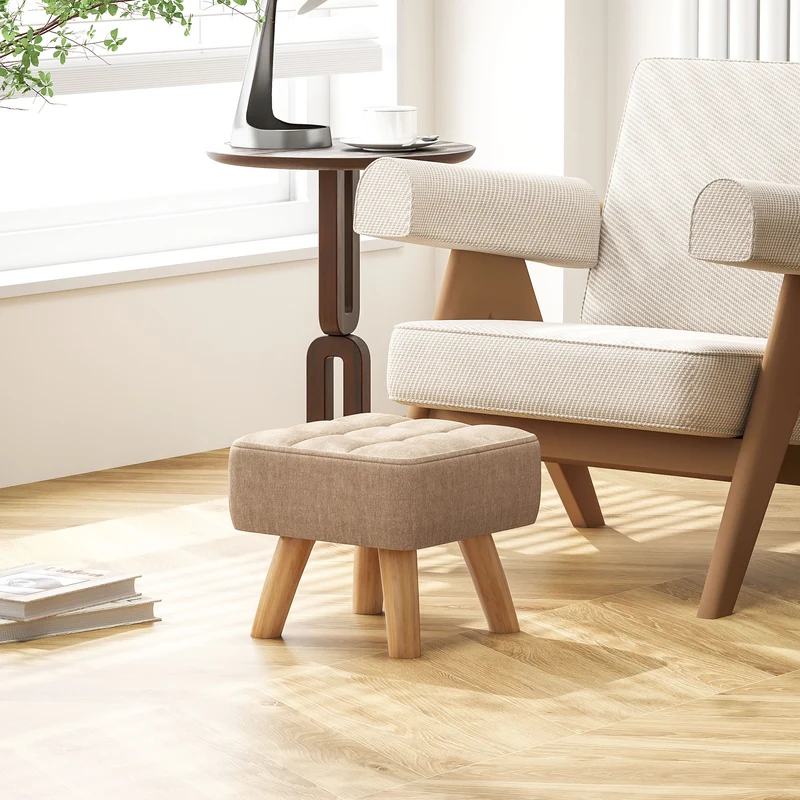 Pouf Poggiapiedi 27x27x26 cm Gambe in Legno di Caucciù Portata Fino a 110 kg in Tessuto Effetto Lino Marrone