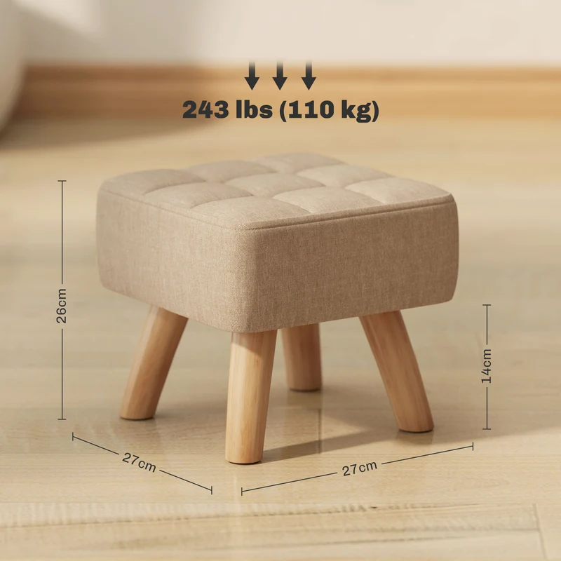 Pouf Poggiapiedi 27x27x26 cm Gambe in Legno di Caucciù Portata Fino a 110 kg in Tessuto Effetto Lino Marrone