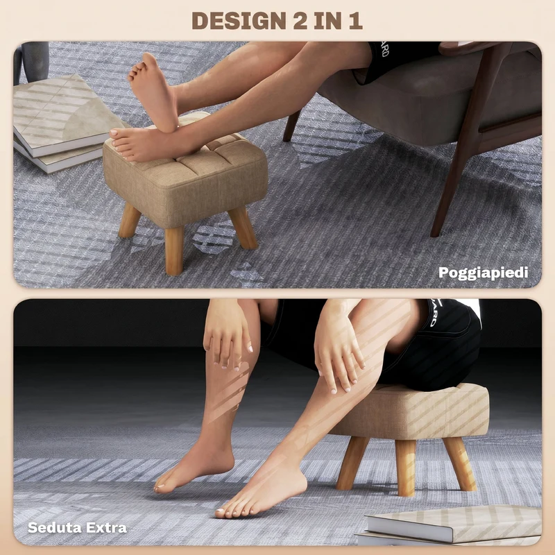 Pouf Poggiapiedi 27x27x26 cm Gambe in Legno di Caucciù Portata Fino a 110 kg in Tessuto Effetto Lino Marrone