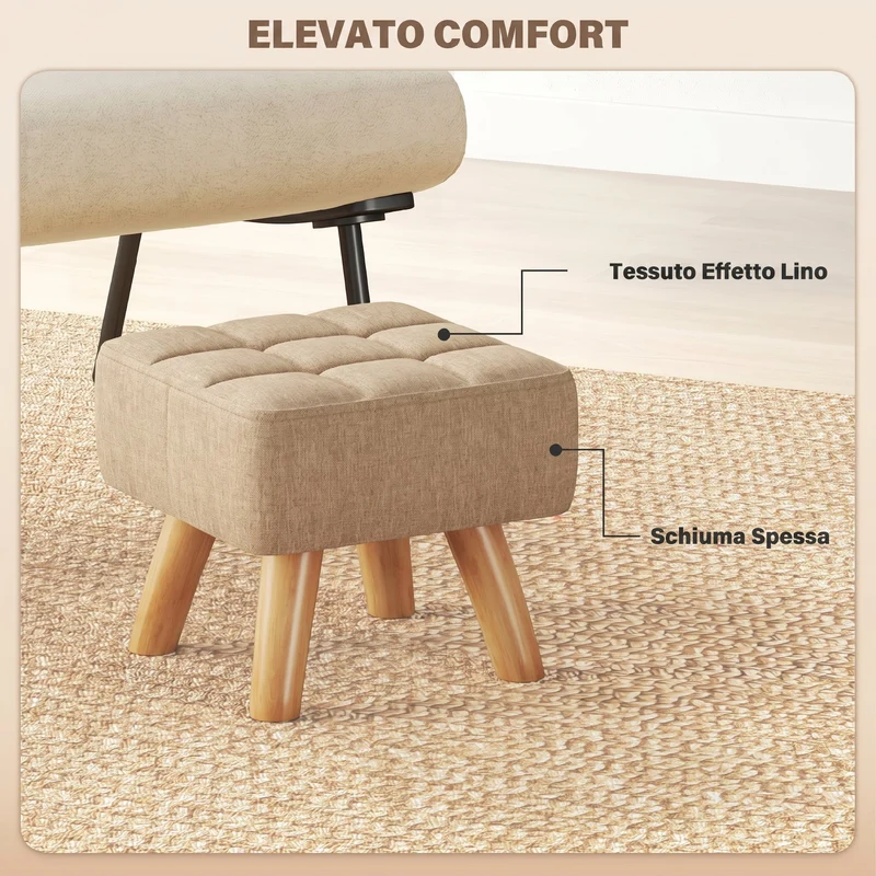 Pouf Poggiapiedi 27x27x26 cm Gambe in Legno di Caucciù Portata Fino a 110 kg in Tessuto Effetto Lino Marrone